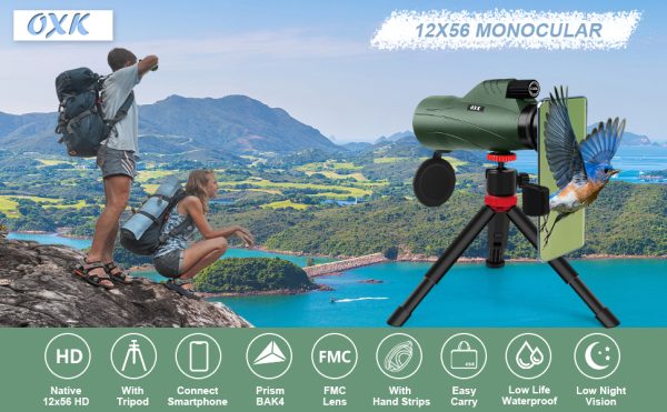 01-44.jpg 12x56 High Power Monocular Telescope | Tripod Travel Bag with Smartphone Adapter | Bird Watching Hunting Hiking Camping
