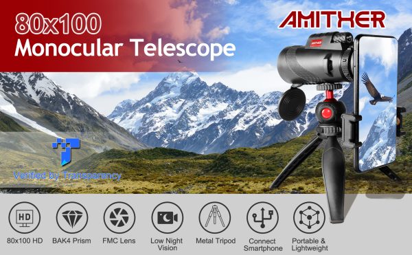 80x100 Smartphone Monocular - High Power High Definition Monocular with Tripod and Adapter, Low Light Vision for Adults