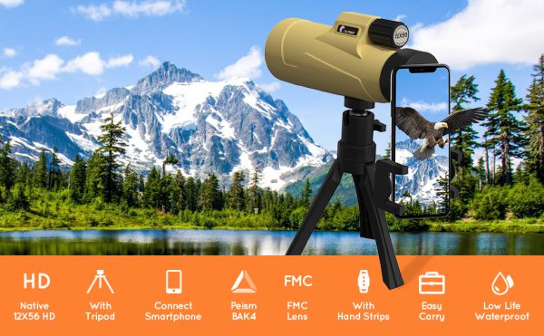 01-52.jpg 12x50 Adult Monocular - Compact Zoom High Definition Monocular with Smartphone Adapter and Tripod - BAK 4&FMC Lens Water