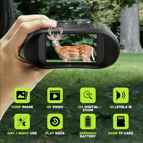 Night Vision Goggles, 112 MP 4K Night Vision Binoculars for Adults, 12X Zoom & 5000mAh Battery, 64GB Card Included, Infr