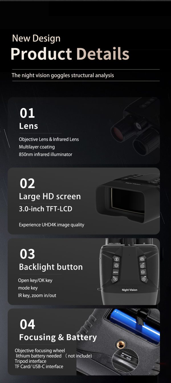 02-35.jpg Z080 Ultra HD 4K Night Vision Binoculars 600M Low Light Large Zoom for Hunting 3" Screen Dual Light Infrared Camera