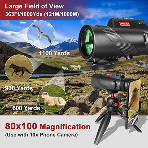 80x100 Smartphone Monocular - High Power High Definition Monocular with Tripod and Adapter, Low Light Vision for Adults