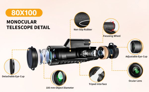 02-73.jpg Monocular telescope 80x100 high definition monocular telescope for adults, with tripod and mobile phone adapter, monocular