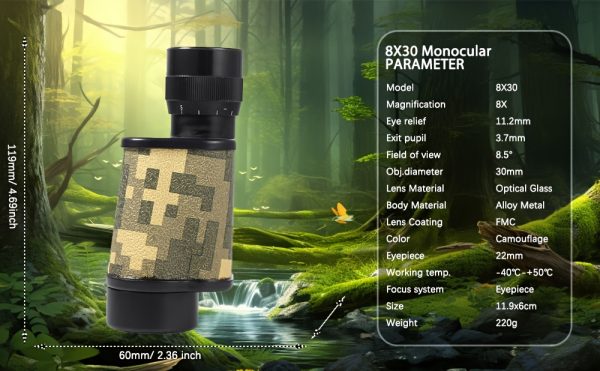 08-17.jpg 8x30 Mini Portable Monocular Telescope, High-Power HD Wide Viewing Outdoor Observation Metal Telescope, Eyepiece Focusing, FMC Optical Lens, HD Camouflage Monocular Telescope