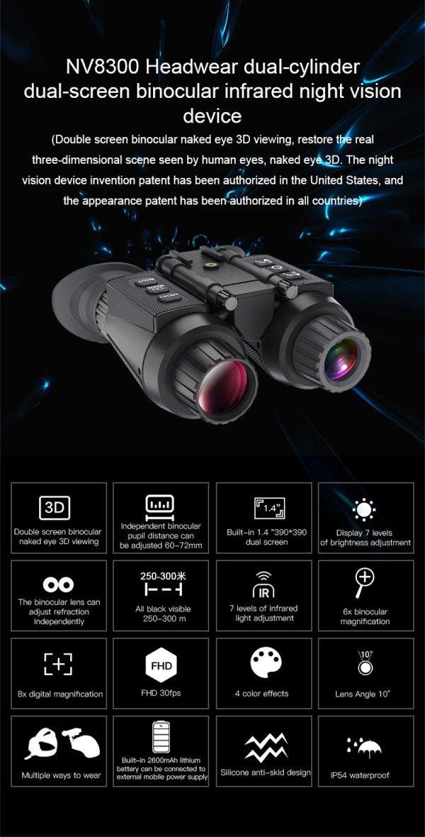 NV8300 — Jumelles de vision nocturne 3D double écran, écart pupillaire réglable 60-72 mm, 250-300 m, IP54 NV8300 — Jumelles de vision nocturne 3D double écran, écart pupillaire réglable — vue 7