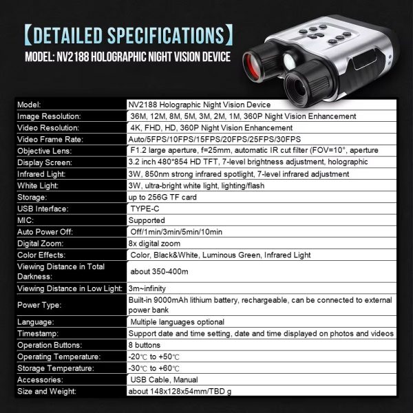 NV2188 — Jumelles de vision nocturne 4K holographiques, batterie 9000 mAh, lampe blanche, 350-400 m, écran 3,2" NV2188 — Jumelles de vision nocturne 4K holographiques, batterie 9000 mAh, lampe — vue 7
