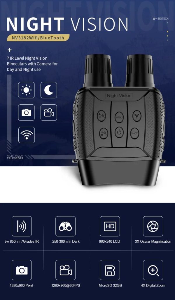 NV3182 — Jumelles de vision nocturne WiFi et Bluetooth, 250-300 m, grossissement 3x, carte 32 Go incluse NV3182 — Jumelles de vision nocturne WiFi et Bluetooth, 250-300 m, grossissement — vue 7