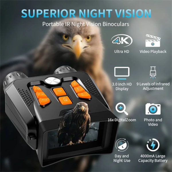 JA22 — Jumelles de vision nocturne 4K, 9 niveaux d'infrarouge, zoom 16x, écran 3", batterie 4000 mAh JA22 — Jumelles de vision nocturne 4K, 9 niveaux d’infrarouge, zoom 16x, écran 3 — vue 7