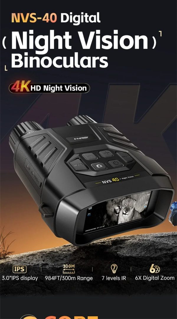 NVS-40 — Jumelles de vision nocturne 4K, écran IPS 3", 300 m, infrarouge 850 nm sur 7 niveaux, batterie 18650 NVS-40 — Jumelles de vision nocturne 4K, écran IPS 3″, 300 m, infrarouge 850 nm — vue 7