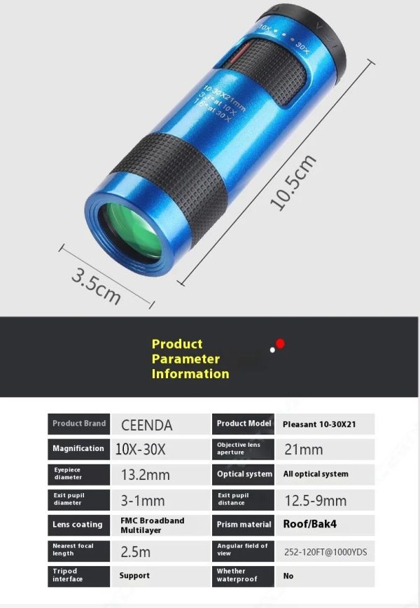 Monoculaire de poche 10-30x21 — zoom continu, prisme BAK4, traitement FMC, 78 g Monoculaire de poche 10-30×21 — vue 9