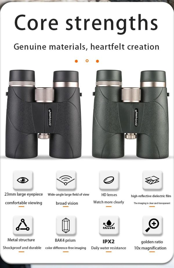 Jumelles 10x42 HD — lentilles ED, prisme BAK4, film de phase, noir ou vert Jumelles 10×42 HD — vue 8