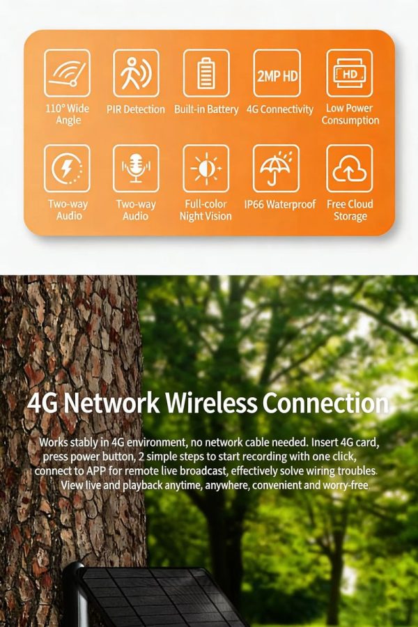 Caméra de chasse 4G LTE solaire — vision nocturne couleur, audio bidirectionnel, IP66, cloud gratuit Caméra de chasse 4G LTE solaire — vue 9