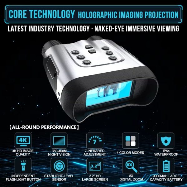 NV2188 — Jumelles de vision nocturne 4K holographiques, batterie 9000 mAh, lampe blanche, 350-400 m, écran 3,2" NV2188 — Jumelles de vision nocturne 4K holographiques, batterie 9000 mAh, lampe — vue 8
