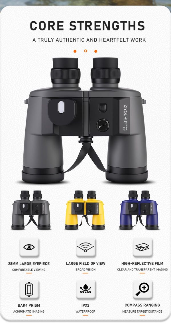 Jumelles marine 10x50 — boussole et télémètre intégrés, oculaires 28 mm, champ 132 m à 1000 m Jumelles marine 10×50 — vue 8