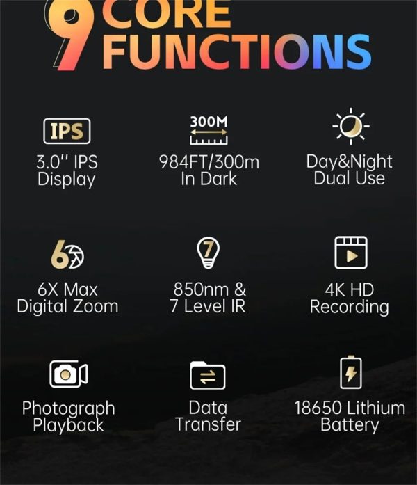 NVS-40 — Jumelles de vision nocturne 4K, écran IPS 3", 300 m, infrarouge 850 nm sur 7 niveaux, batterie 18650 NVS-40 — Jumelles de vision nocturne 4K, écran IPS 3″, 300 m, infrarouge 850 nm — vue 8