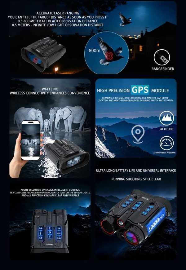 D58 — Jumelles de vision nocturne tactiques 800 m, télémètre laser, GPS, WiFi, 10000 mAh et charge rapide D58 — Jumelles de vision nocturne tactiques 800 m, télémètre laser, GPS, WiFi, 1 — vue 9