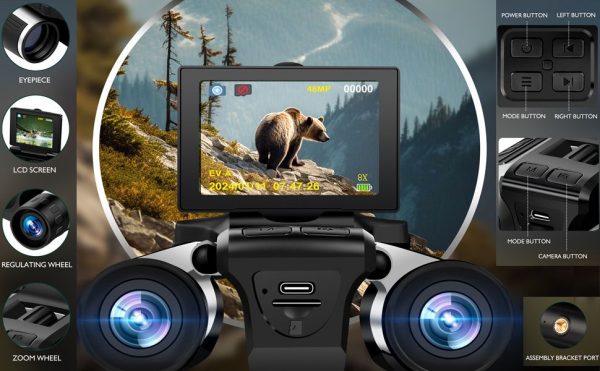 Jumelles numériques 12x32 avec caméra — écran rabattable 2,4", photos 48 MP, vidéo 2.5K, zoom 8x Jumelles numériques 12×32 avec caméra — vue 10