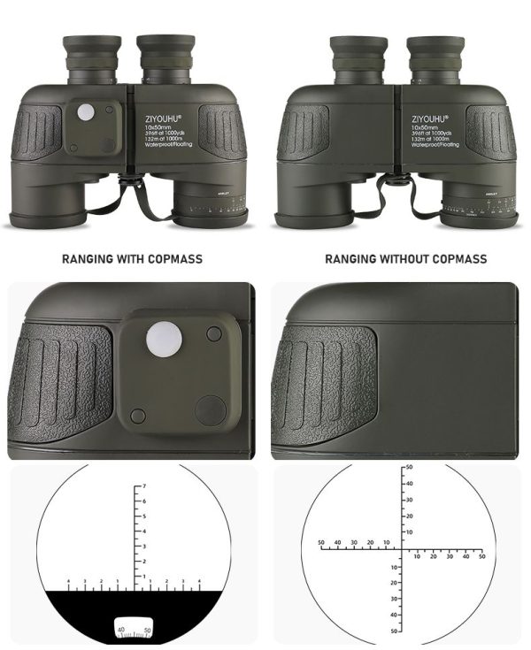 Jumelles 10x50 à boussole et télémètre — réticule éclairé, prisme BAK4, champ 132 m à 1000 m Jumelles 10×50 à boussole et télémètre — vue 9