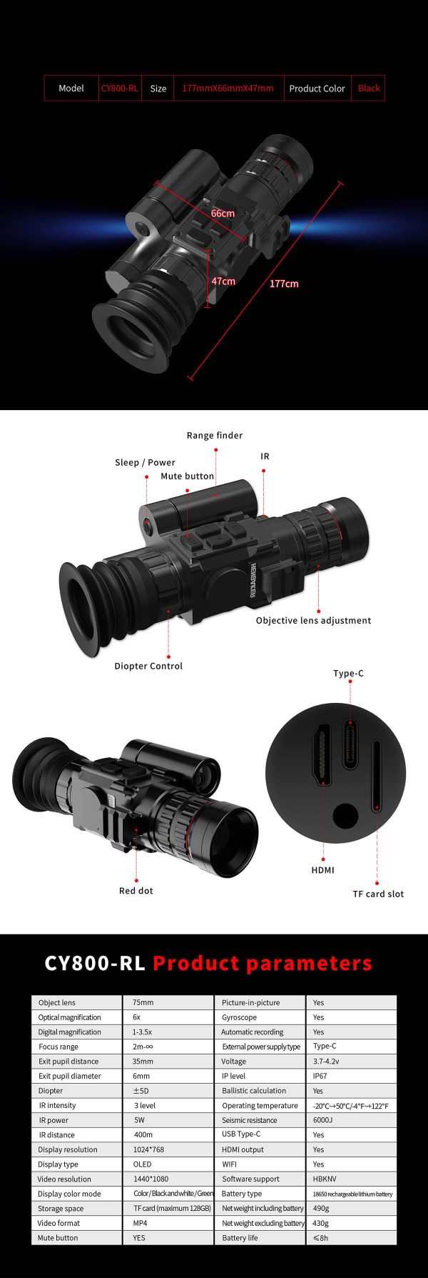 CY800-RL — Vision nocturne 8x, objectif 70 mm, IR 480 m, télémètre 1000 m, balistique, IP67, recul 6000 J CY800-RL — Vision nocturne 8x, objectif 70 mm, IR 480 m, télémètre 1000 m, balis — vue 10