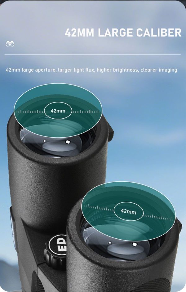 Jumelles 10x42 ED — verre faible dispersion, oculaires 24 mm, châssis métal, IPX2 Jumelles 10×42 ED — vue 12