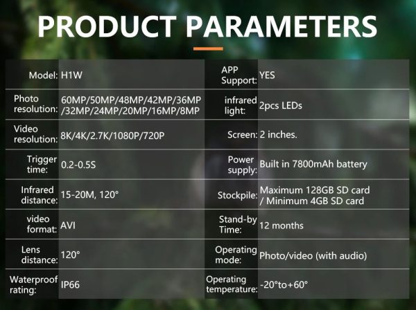 H1W — Caméra de chasse 8K 60 MP solaire, batterie 7800 mAh, 12 mois d'autonomie, écran 2", IP66 H1W — Caméra de chasse 8K 60 MP solaire, batterie 7800 mAh, 12 mois d’autonomie, — vue 11