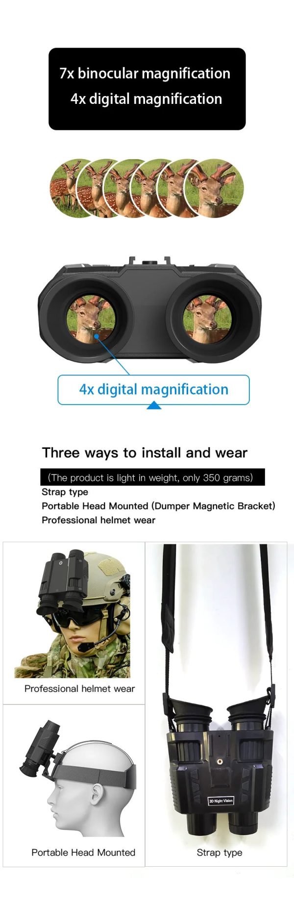 NV8000 — Jumelles de vision nocturne 3D à double écran, 250-300 m, casque ou serre-tête, 350 g NV8000 — Jumelles de vision nocturne 3D à double écran, 250-300 m, casque ou ser — vue 12