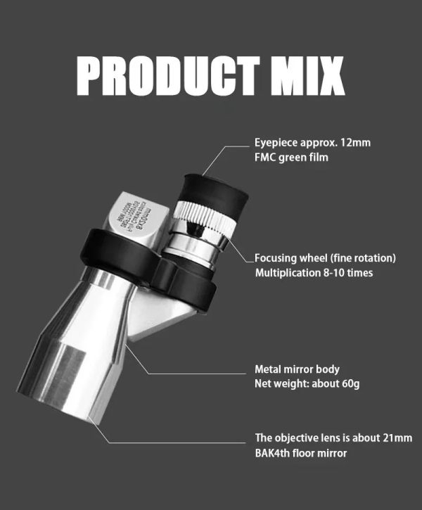 Monoculaire de poche 8x20 coudé — corps inox, prisme BAK4, traitement XP5, 60 g, support smartphone Monoculaire de poche 8×20 coudé — vue 11
