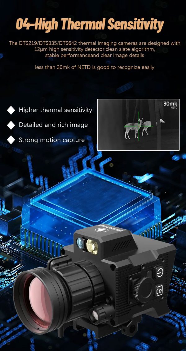 DTS219 — Caméra thermique 256×192, télémètre 1200 m, calcul balistique, WiFi, détecteur 12 µm NETD <30 mK DTS219 — Caméra thermique 256×192, télémètre 1200 m, calcul balistique, WiFi, dé — vue 12