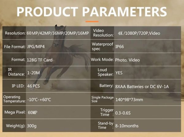 Caméra de chasse 4K 60 MP WiFi — 3 capteurs PIR, déclenchement 0,2 s, portée 20 m, IP66, 300 g Caméra de chasse 4K 60 MP WiFi — vue 13