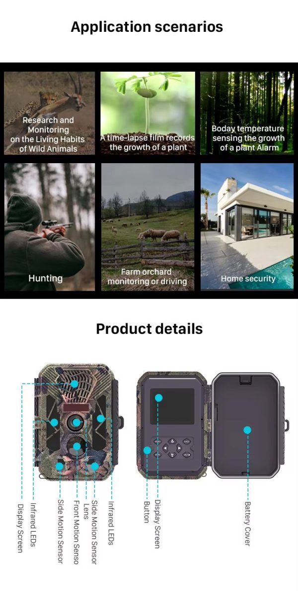 HB561 — Caméra de chasse 2.7K avec répulsif sonore, portée 1000 m, alarme PIR, 12 piles AA, 24 mois d'autonomie HB561 — Caméra de chasse 2.7K avec répulsif sonore, portée 1000 m, alarme PIR, 1 — vue 11