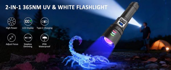 Lampe 2-en-1 UV 365 nm et LED blanche — zoom, variation continue, écran de charge, batterie externe, IPX6 Lampe 2-en-1 UV 365 nm et LED blanche — vue 12