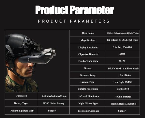 NVG08 — Jumelles de vision nocturne sur casque, télémètre 1200 m, incrustation PIP, boussole, 6000 mAh, IP56 NVG08 — Jumelles de vision nocturne sur casque, télémètre 1200 m, incrustation P — vue 13