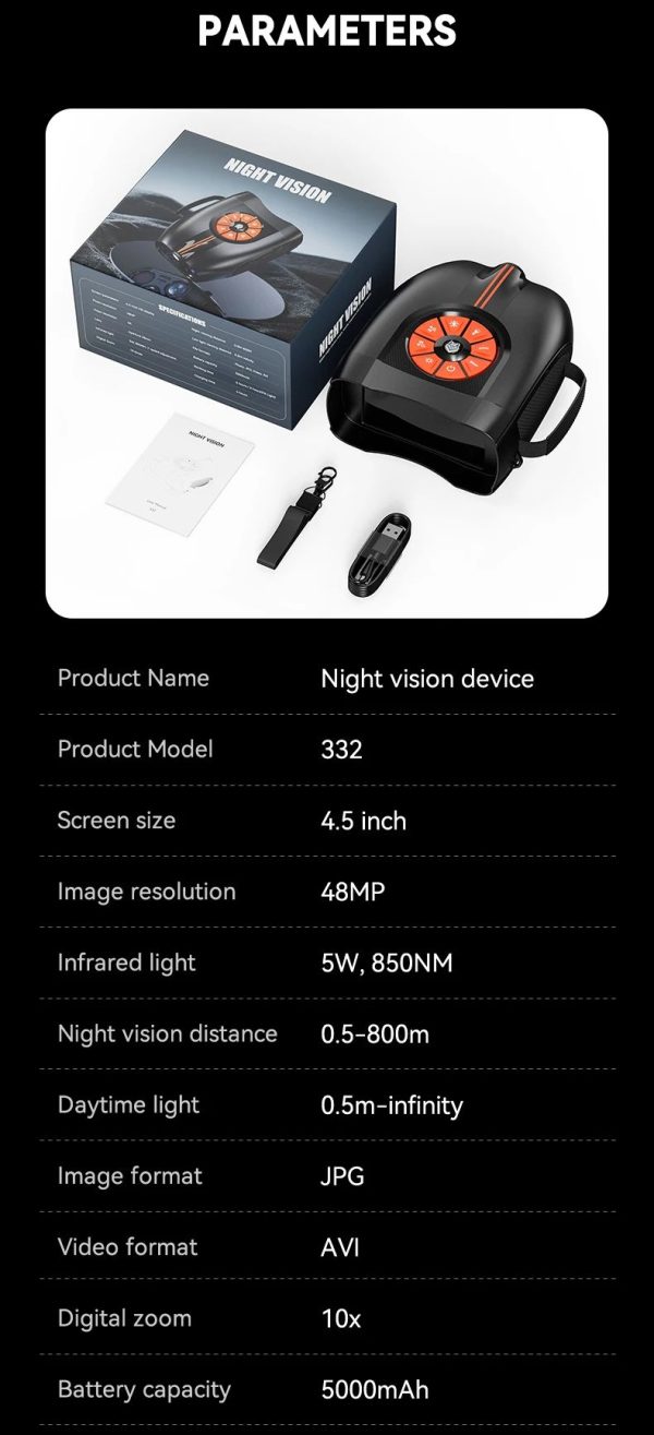 Jumelles de vision nocturne 4K — écran IPS 4,5", infrarouge 5 W sur 7 niveaux, 800 m, lampe intégrée, 5000 mAh Jumelles de vision nocturne 4K — vue 14