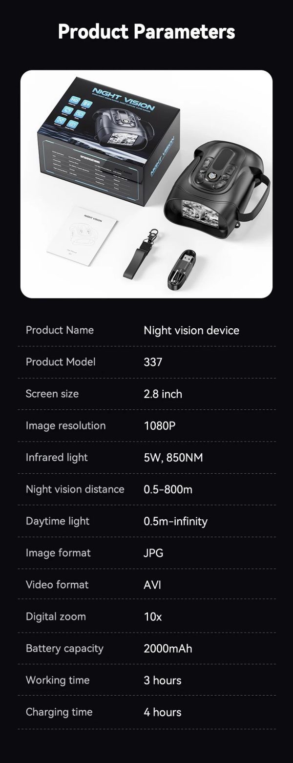 Jumelles de vision nocturne 1080p — infrarouge 5 W sur 7 niveaux, 800 m, écran IPS 2,8", stockage intégré Jumelles de vision nocturne 1080p — vue 14