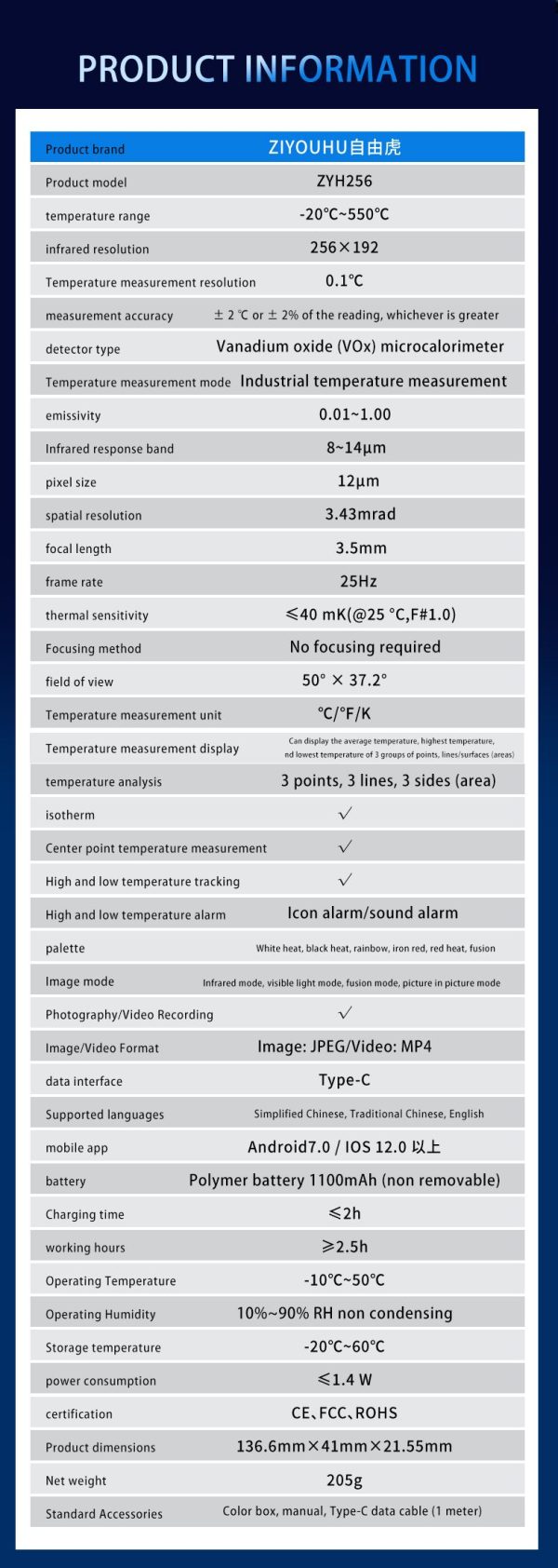 Caméra thermique sans fil 256×192 — double optique, 4 modes d'affichage dont fusion, ≤40 mK, -20 à +550 °C Caméra thermique sans fil 256×192 — vue 14
