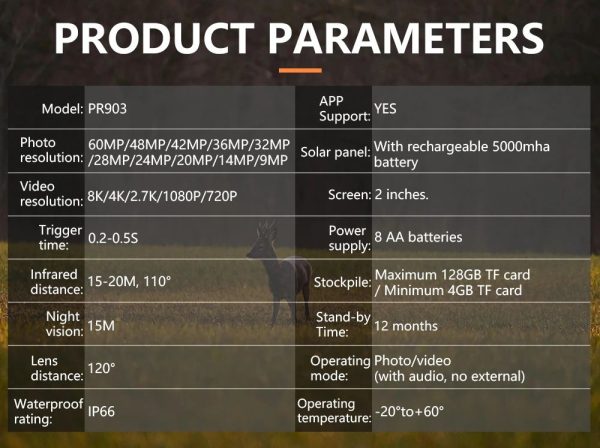 Caméra de chasse 8K 60 MP solaire — WiFi et application, batterie 5200 mAh, PIR 120° Caméra de chasse 8K 60 MP solaire — vue 17