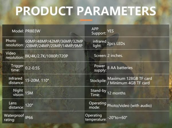 Caméra de chasse 8K 60 MP double objectif — 3 PIR, détection 25 m, WiFi et Bluetooth, IP66 PR803W — Caméra de chasse 8K 60 MP double objectif, 3 PIR, détection 25 m, WiFi — vue 14