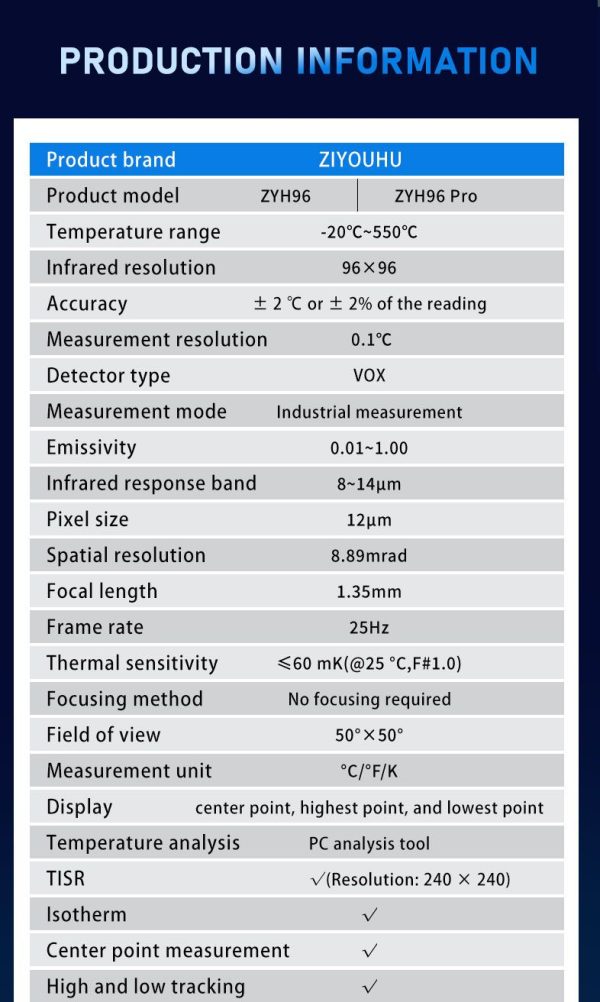 ZYH96 Pro — Caméra thermique portative -20 à +550 °C, TISR 240×240, lampe intégrée, multilingue ZYH96 Pro — Caméra thermique portative -20 à +550 °C, TISR 240×240, lampe intégr — vue 19