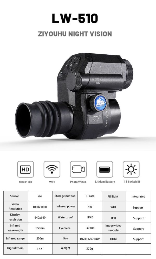 LW510 — Module clip-on de vision nocturne pour lunette, écran rond 640×640, capteur 2 MP, WiFi, batterie 18650, IPX6 LW510 — Module clip-on de vision nocturne pour lunette, écran rond 640×640, capt — vue 19