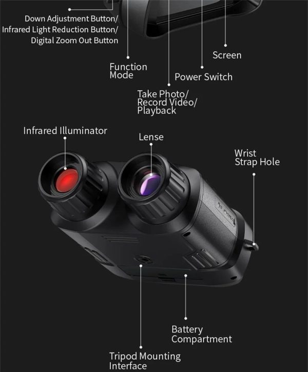 NVS-40 — Jumelles de vision nocturne 4K, écran IPS 3", 300 m, infrarouge 850 nm sur 7 niveaux, batterie 18650 NVS-40 — Jumelles de vision nocturne 4K, écran IPS 3″, 300 m, infrarouge 850 nm — vue 21