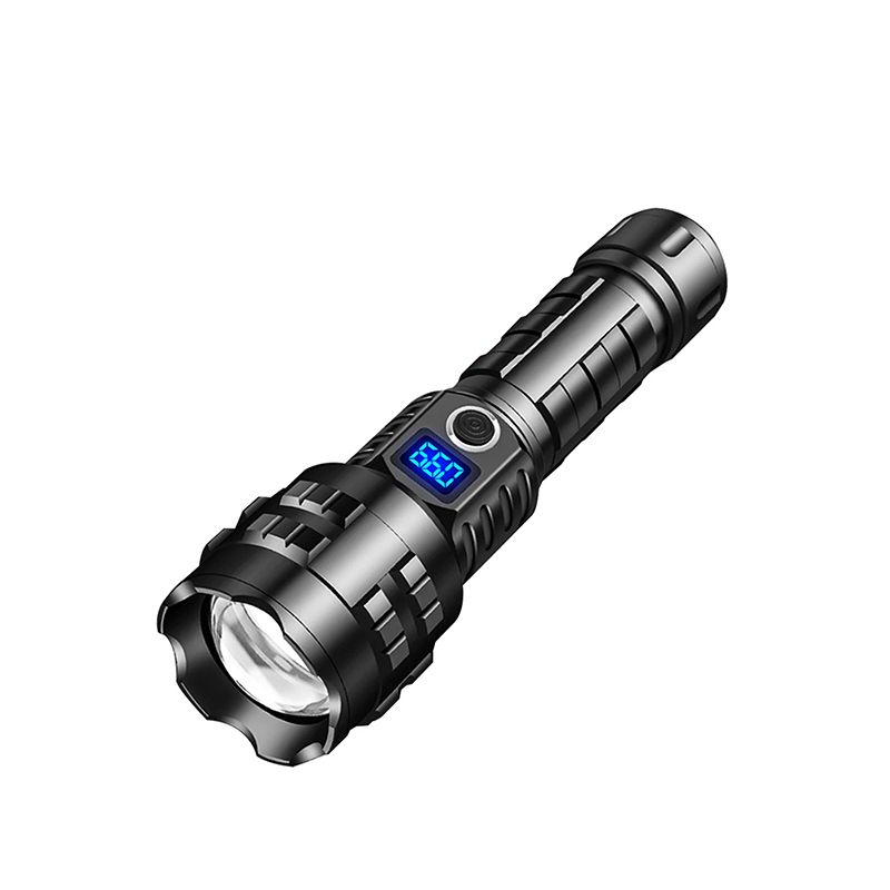 Lampe torche longue portée rechargeable — zoom, 5 modes, écran de charge, batterie externe, étanche