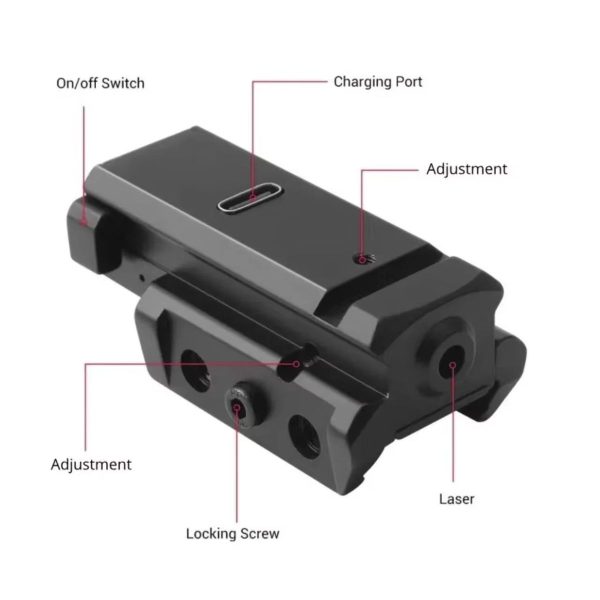 Viseur laser rechargeable USB — rouge ou vert, rail 20 mm, réglage 2 axes, 60 × 30 × 25 mm Viseur laser rechargeable USB — vue 2