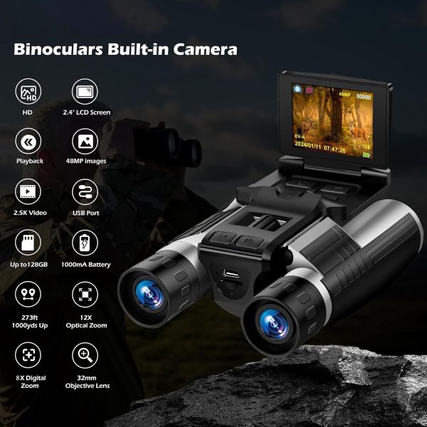 Jumelles numériques 12x32 avec caméra — écran rabattable 2,4", photos 48 MP, vidéo 2.5K, zoom 8x Jumelles numériques 12×32 avec caméra — vue 2