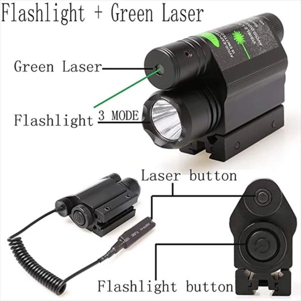 Ensemble lampe tactique et laser — rouge ou vert, 3 modes, interrupteur déporté, batteries et chargeur inclus Ensemble lampe tactique et laser — vue 3