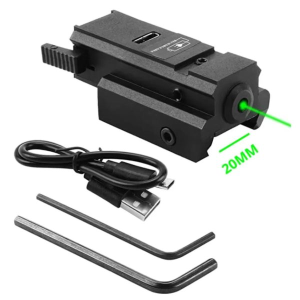 Viseur laser rechargeable USB — rouge ou vert, rail 20 mm, réglage 2 axes, 60 × 30 × 25 mm Viseur laser rechargeable USB — vue 5